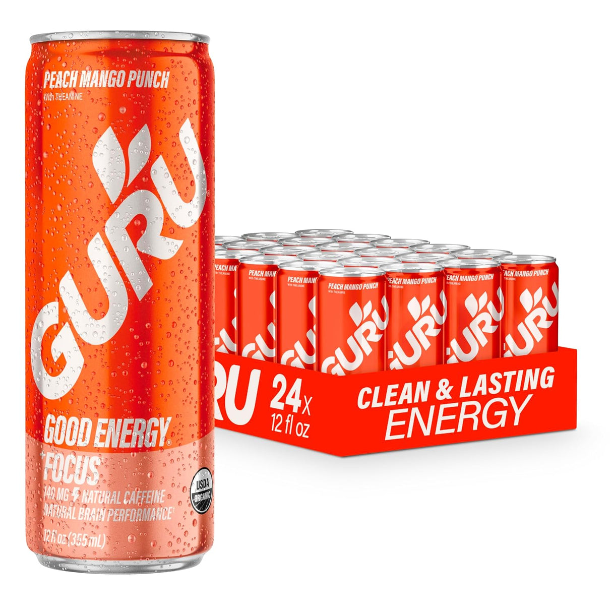 Guru Energy Drink - Organic Peach Mango, 12 oz (24 Pack) - Gluten-Free Energy