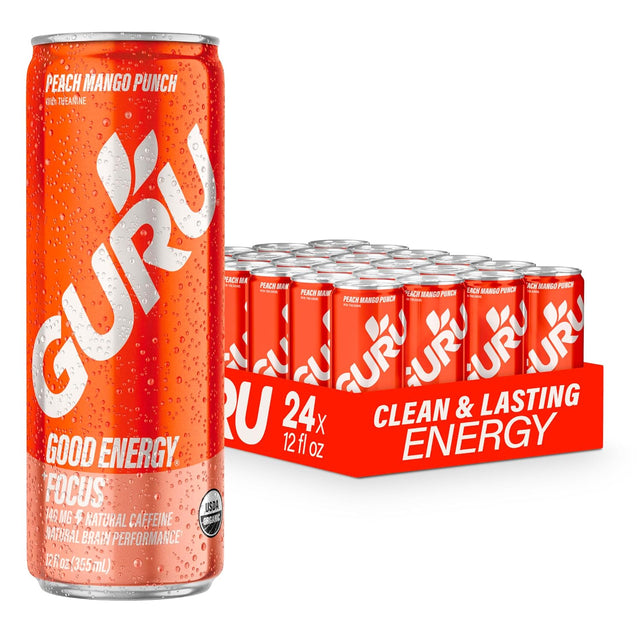 Guru Energy Drink - Organic Peach Mango, 12 oz (24 Pack) - Gluten-Free Energy
