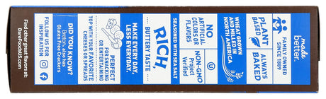 Bread package with blue label and text on a brown background