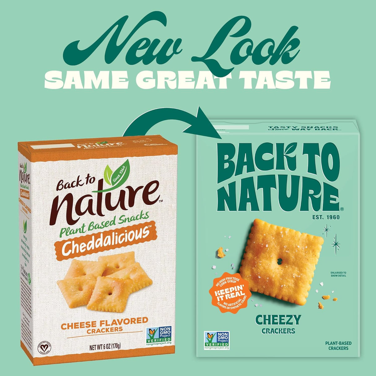 Two packaging designs of Back to Nature crackers with text 'New Look Same Great Taste' on a teal background.