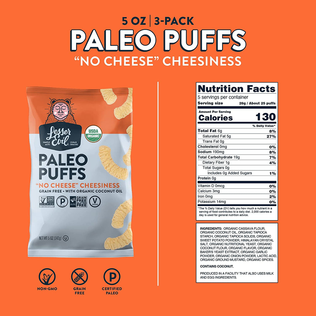 Lesser Evil Paleo Puffs - Crunchy No Cheese Cheesiness (Pack of 9 - 5 Oz.) - Cozy Farm 