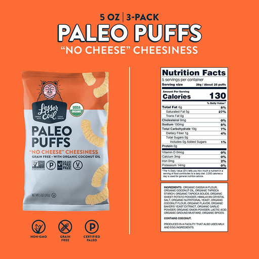Lesser Evil Paleo Puffs Crunch - No-Cheese Cheesiness (Pack of 9 - 5 Oz.) - Cozy Farm 
