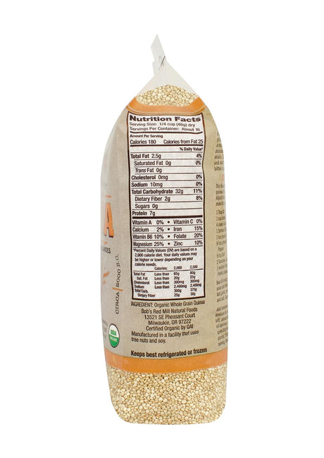 Bag of quinoa with nutrition label on a white background