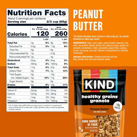 Nutrition facts label and Kind peanut butter healthy grains granola packaging on an orange background