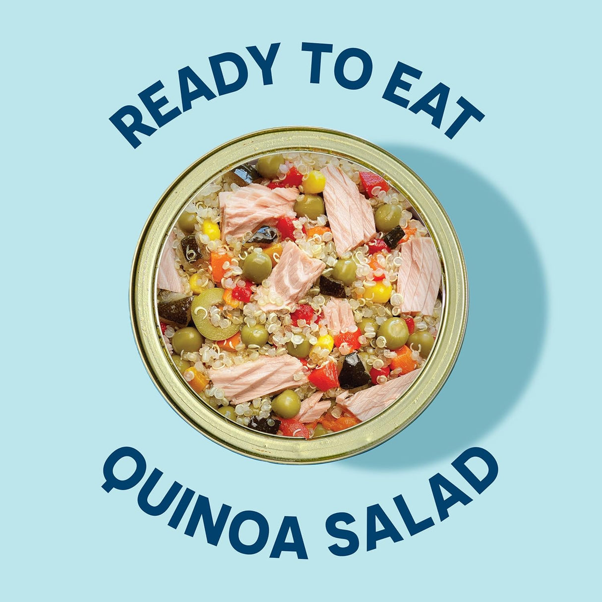 Quinoa salad in a can with 'Ready to Eat' text on a light blue background