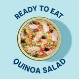 Quinoa salad in a can with 'Ready to Eat' text on a light blue background