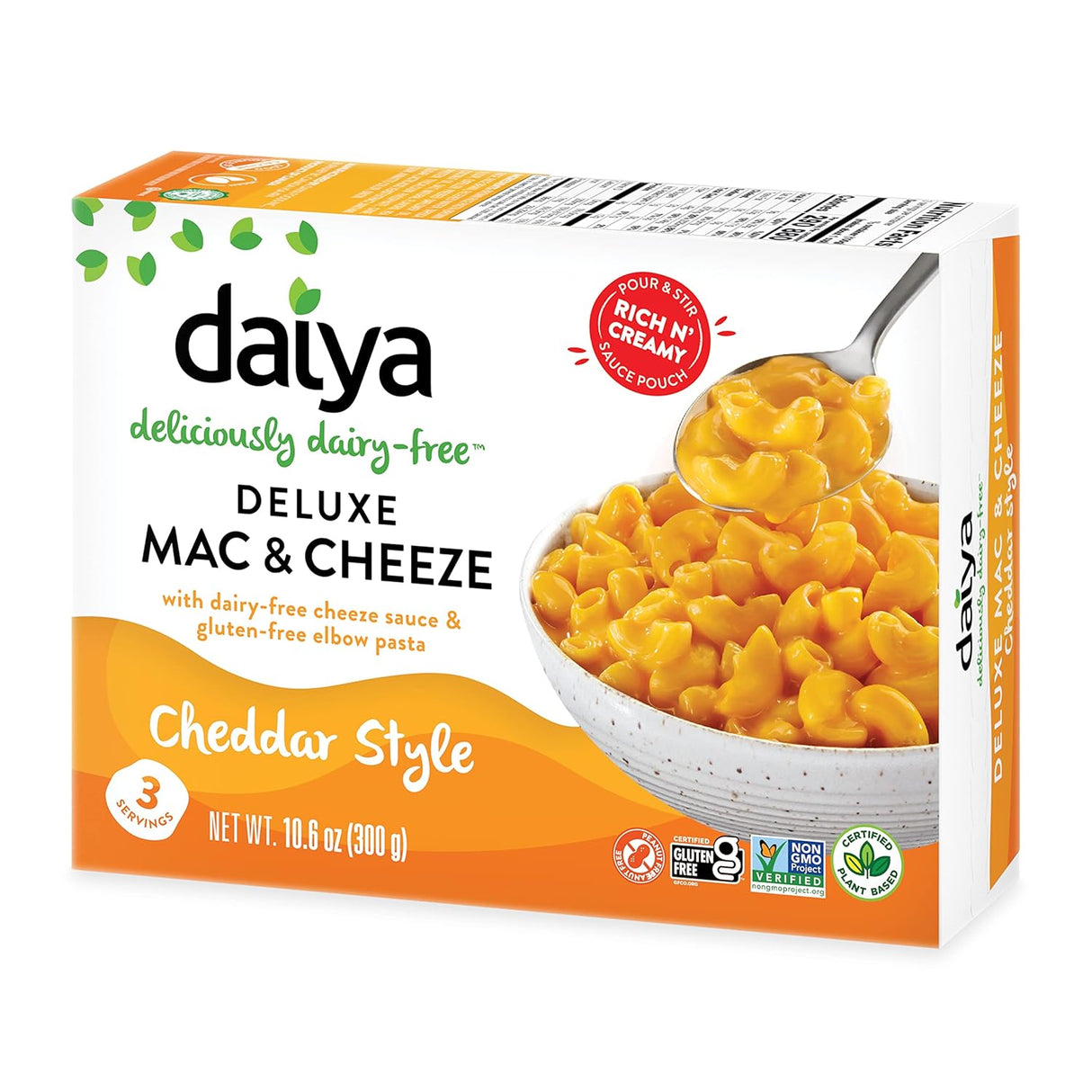 Box of Daiya Deluxe Mac & Cheeze Cheddar Style on a white background