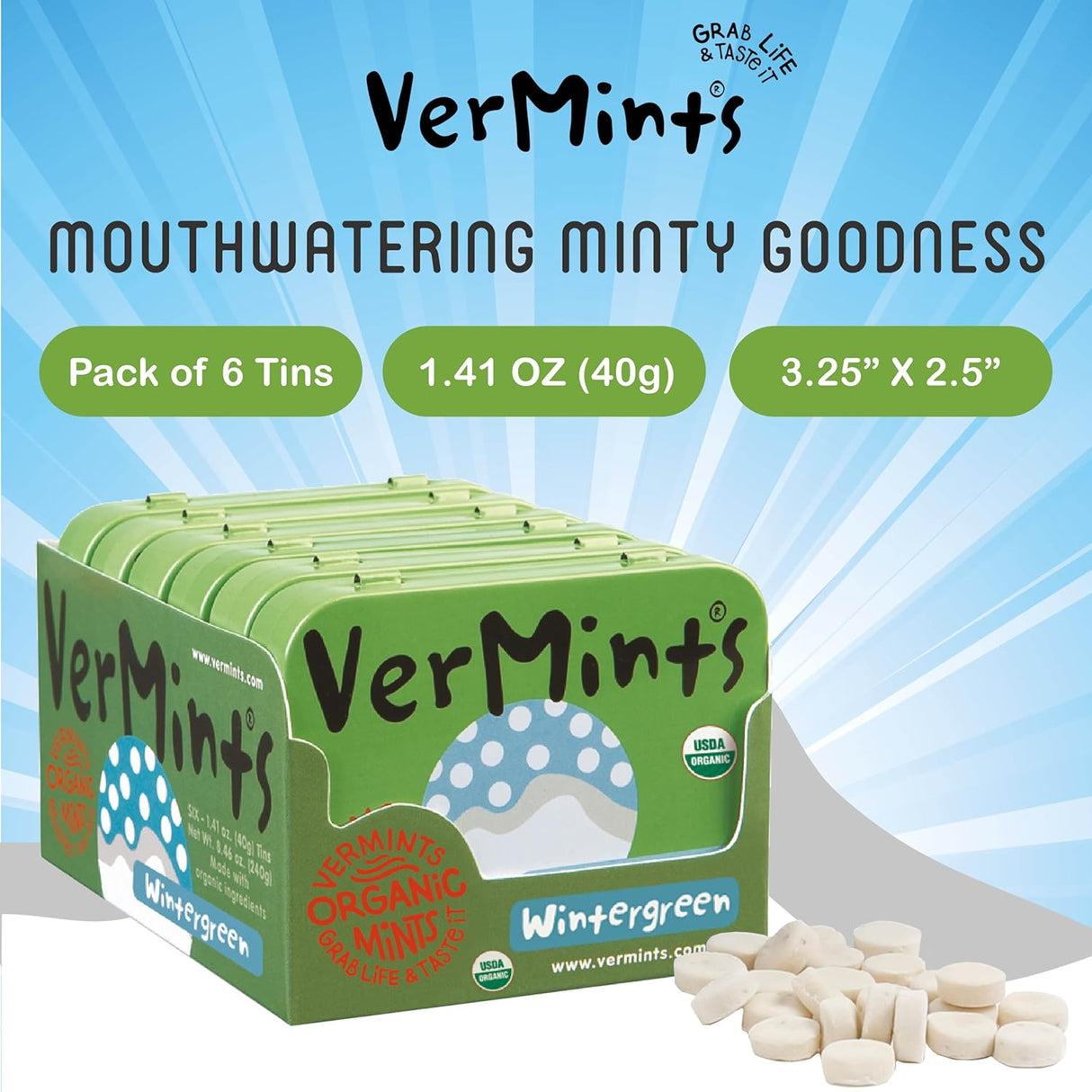 Vermints All-Natural Wintermint Breath Mints, Gluten-Free, Case of 6 (1.41 oz)