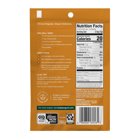 Back of an organic food package with nutrition facts, ingredients, and certification logos.