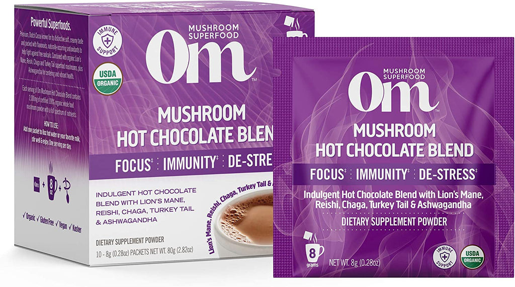 Om Mushroom Superfood Hot Chocolate Blend Mushroom Powder, Single Serve, 10 Count, Dutch Cocoa, Lion's Mane, Reishi, Chaga, Turkey Tail - Cozy Farm 