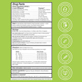 Drug facts label with green background and white text