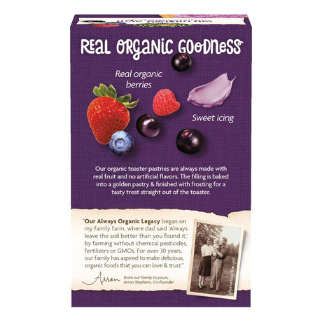 Box of organic pastries with images of berries and text on a purple background