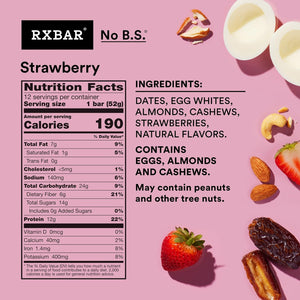RXBAR Protein Bar - Strawberry - 1.83 Oz Bars, 12 Count - Real Food Protein