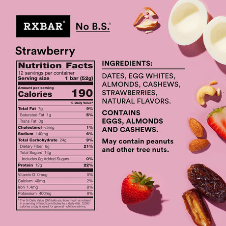 RXBAR Protein Bar - Strawberry - 1.83 Oz Bars, 12 Count - Real Food Protein