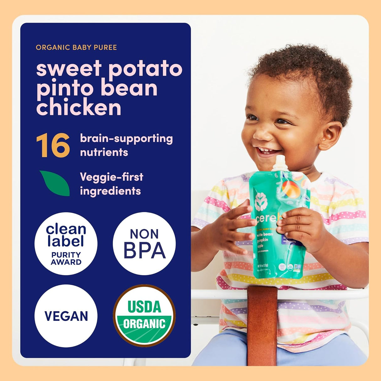 Cerebelly Organic Sweet Potato, Pinto Bean, Bone Broth & Cumin Puree, Brain-Boosting Baby Food, 4 oz Pouches, Pack of 6