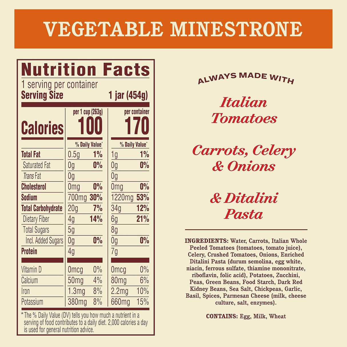 Nutrition facts label for Vegetable Minestrone with ingredients listed.
