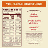 Nutrition facts label for Vegetable Minestrone with ingredients listed.