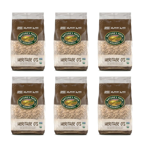 Six packages of Nature's Path Organic Heritage O's on a white background