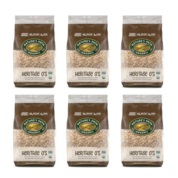 Six packages of Nature's Path Organic Heritage O's on a white background
