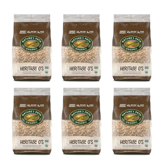Six packages of Nature's Path Organic Heritage O's on a white background