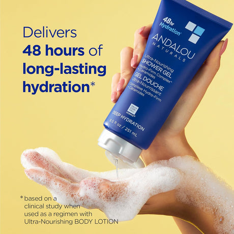 Andalou Naturals shower gel being applied to a hand with a yellow background