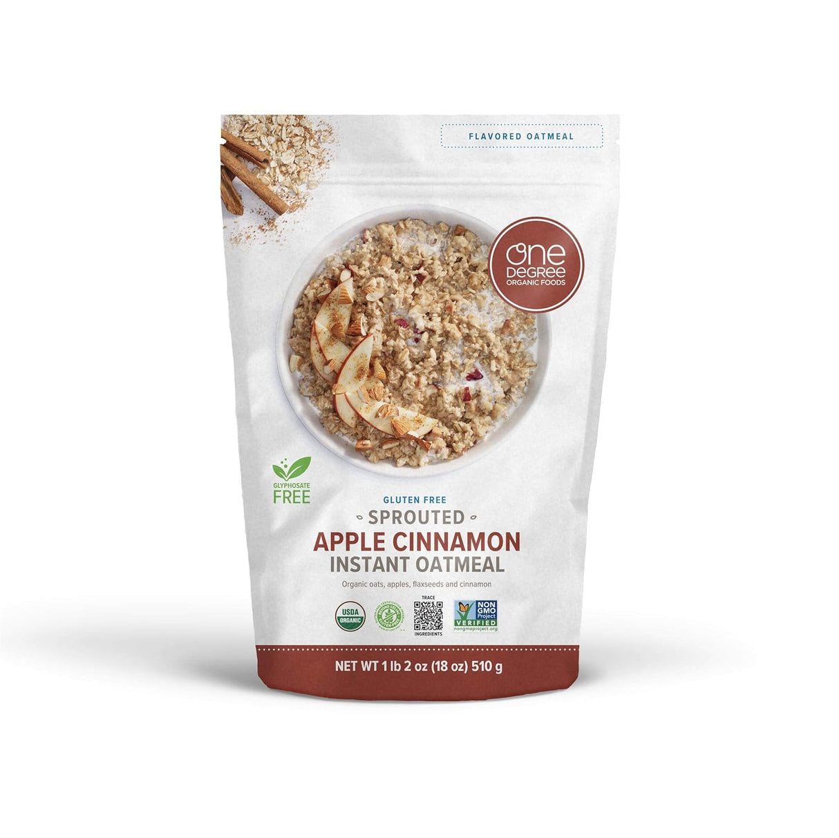 Bag of Apple Cinnamon Instant Oatmeal with One Degree Organic Foods branding on a white background