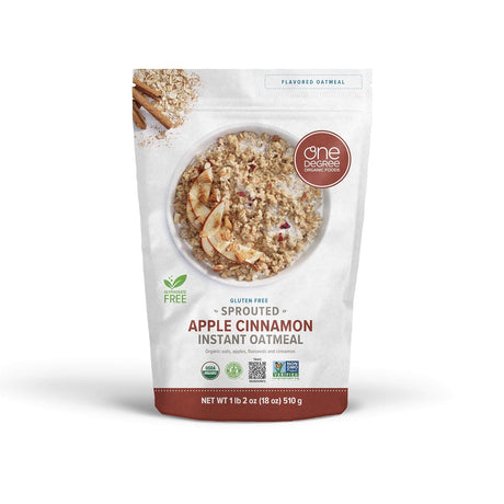 Bag of Apple Cinnamon Instant Oatmeal with One Degree Organic Foods branding on a white background