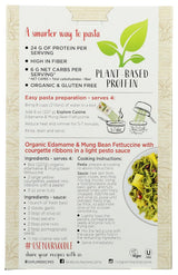 Product packaging for plant-based protein pasta with nutritional information and recipe details.
