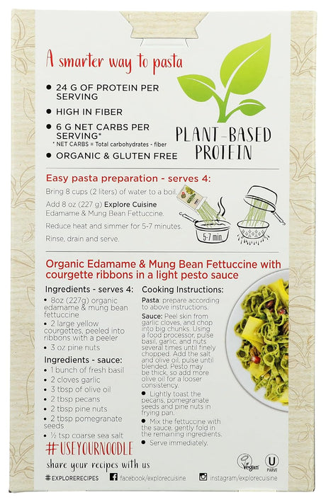 Product packaging for plant-based protein pasta with nutritional information and recipe details.