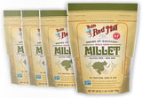 Multiple packages of Bob's Red Mill Millet on a white background
