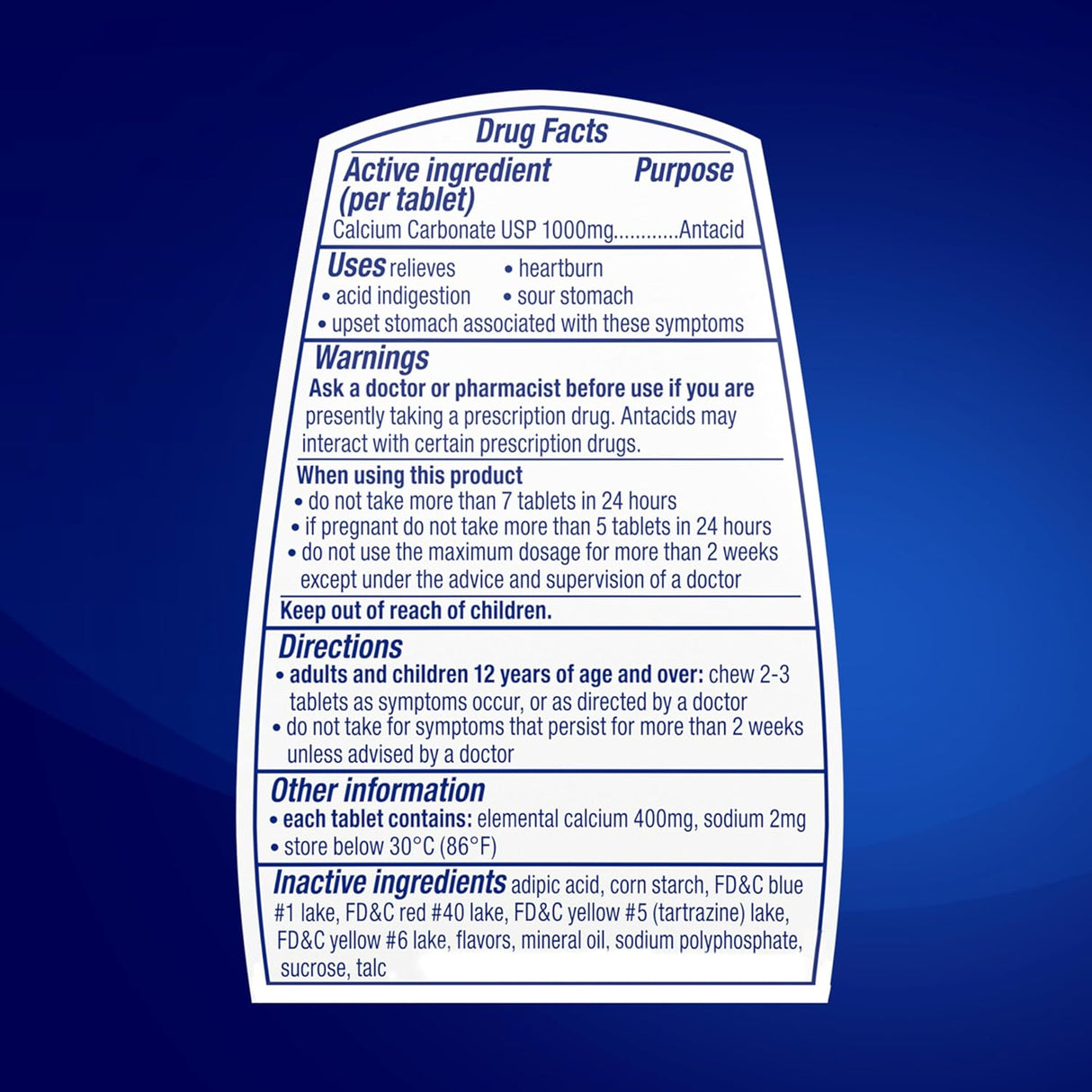 Drug facts label for a calcium carbonate antacid on a blue background
