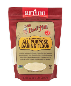 Bag of Bob's Red Mill gluten-free all-purpose baking flour on a white background