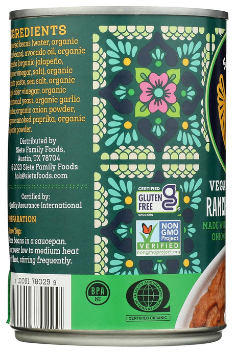 Siete Refried Ranchero Beans, Organic, Case of 12, 16 oz Cans