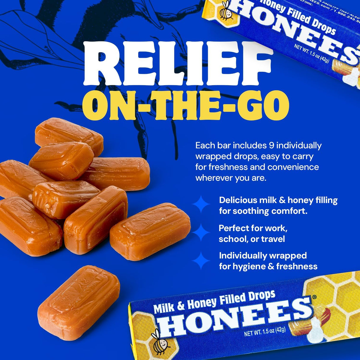 Honees Milk and Honey Filled Bite-Sized Soft Caramel Drops, Pack of 24, 1.5 Oz.