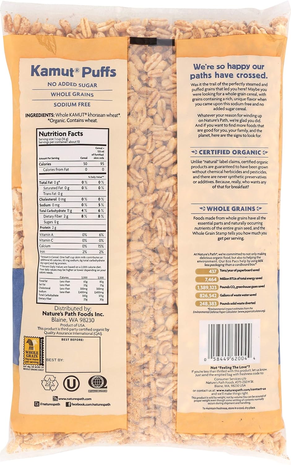 Nature's Path Organic Kamut Puffs Cereal, 6 Oz., Case of 12 – Whole Grain, Vegan, Non-GMO, Kosher