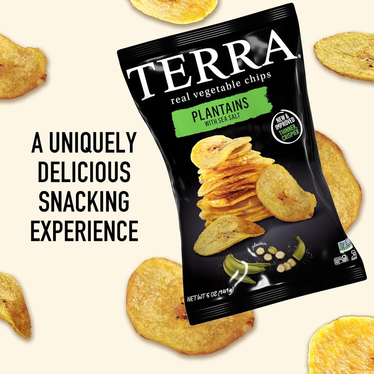 Terra plantain chips packaging with chips scattered around on a light background