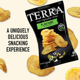 Terra plantain chips packaging with chips scattered around on a light background
