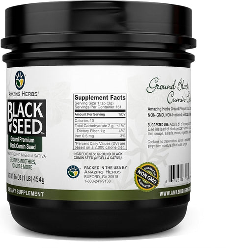 Black container of Amazing Herbs Black Seed with label on a white background