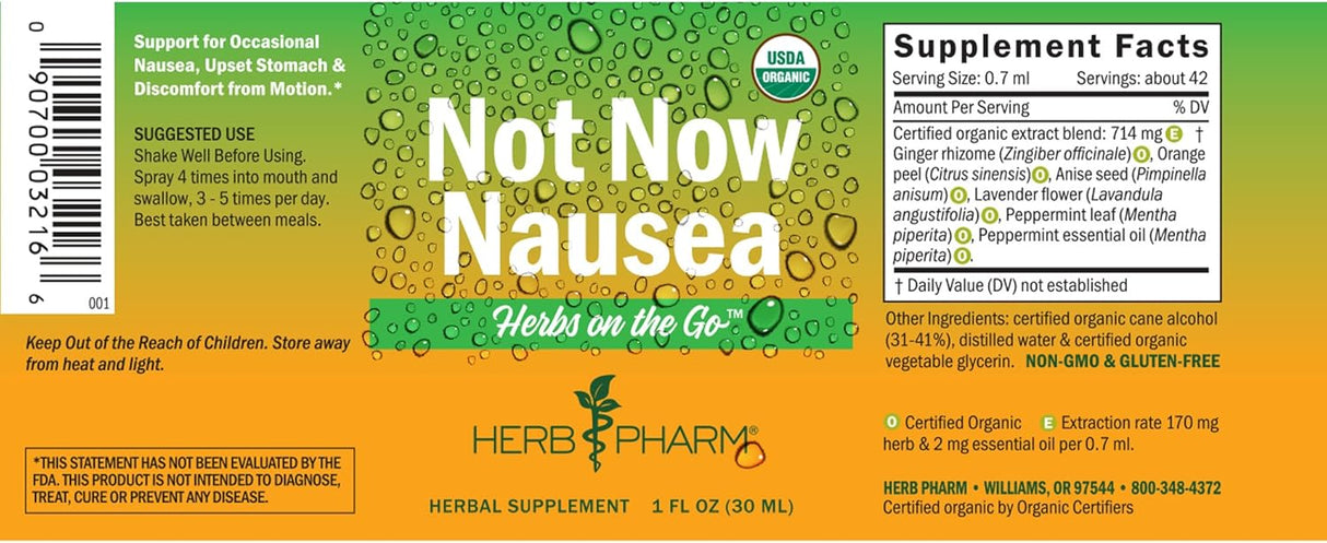 Herb Pharm Not Now Nausea supplement label with green and orange design.