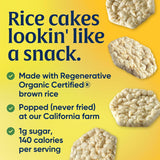 Rice cakes on a yellow background with text about their production and nutritional information.