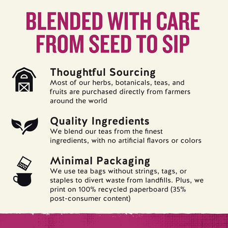 Celestial seasoning  brand's commitment to ethical sourcing, quality ingredients, and minimal packaging on a white background with pink text.