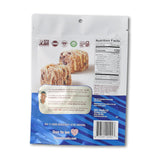 Back of a food package with nutritional information and branding on a white background