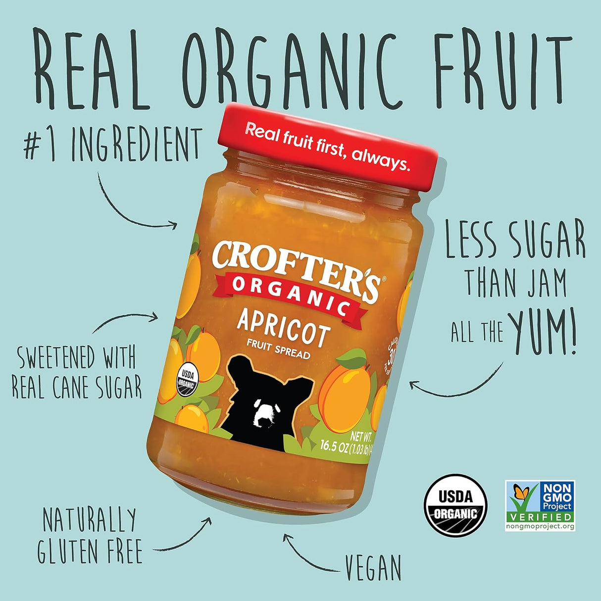 Crofter's Organic Apricot Fruit Spread jar with branding and product information on a light blue background