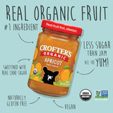 Crofter's Organic Apricot Fruit Spread jar with branding and product information on a light blue background