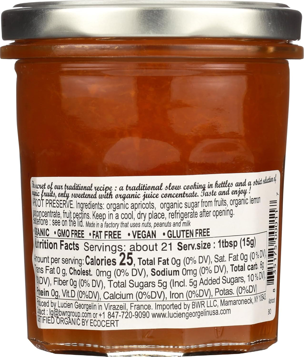 Lucien Georgelin Organic Apricot Fruit Spread, 11.28 oz, Pack of 6