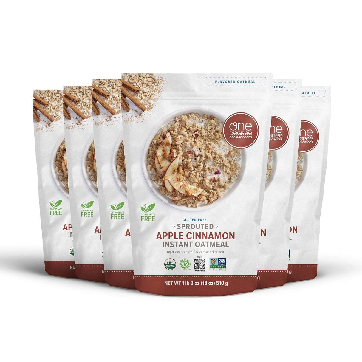 Multiple packages of Apple Cinnamon Instant Oatmeal with visible branding on a white background