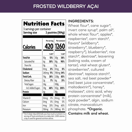 Nutrition facts and ingredients list for frosted wildberry acai pastries on a white background with purple header.