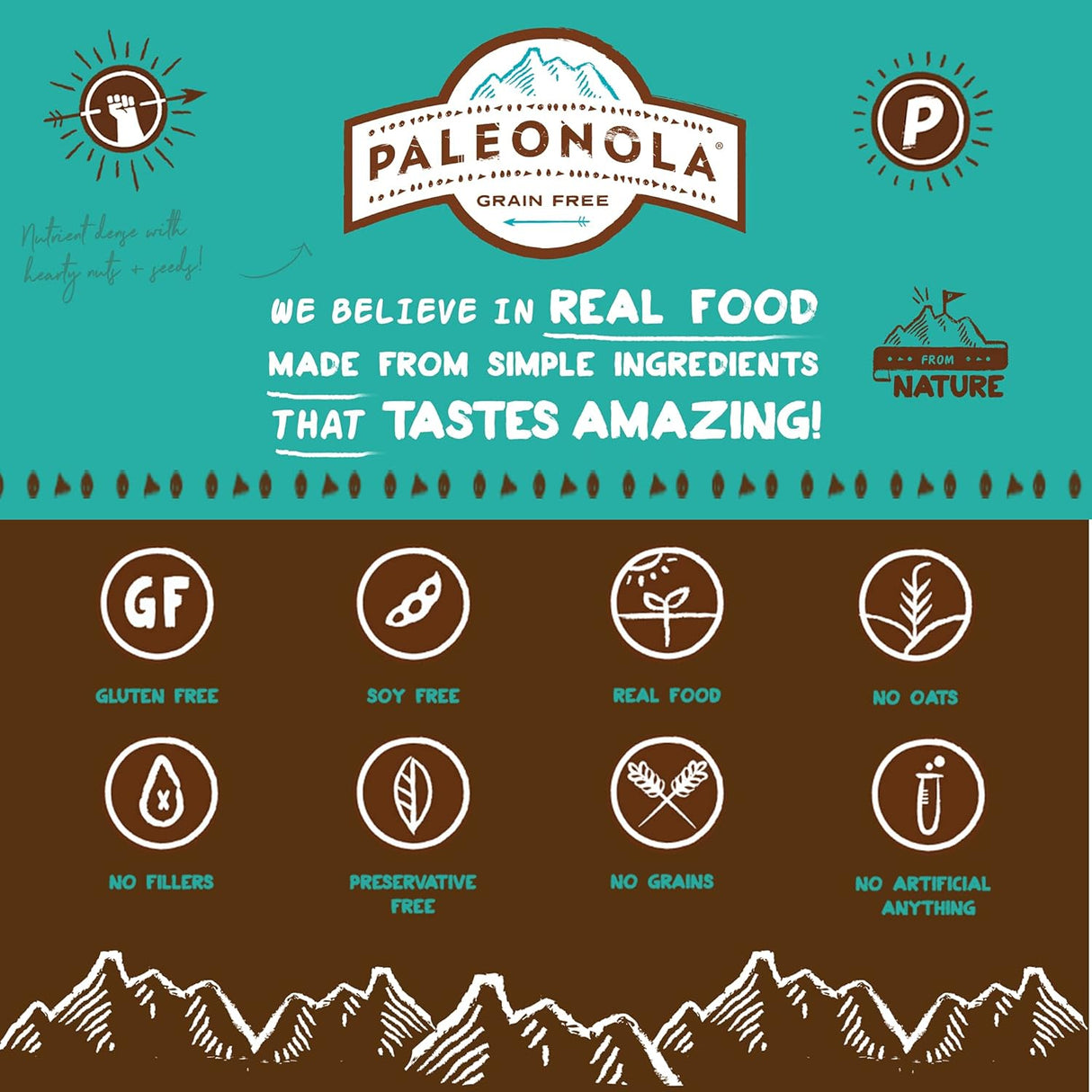 Paleonola product packaging with brand logo and certification icons on a green and brown background.