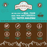 Paleonola product packaging with brand logo and certification icons on a green and brown background.