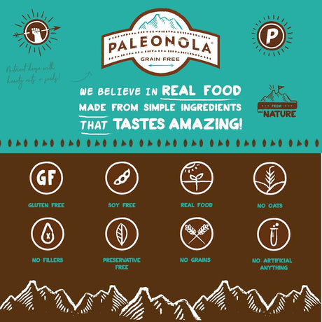 Paleonola product packaging with brand logo and certification icons on a green and brown background.